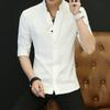 Camisa Blanca de Primavera para Hombre, Camisa Casual de Manga Corta con Cuello Mao Ajustada para Hombre, Elegante Top Coreano de Manga Tres Cuartos para Hombres Jóvenes
