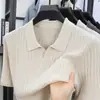 Tricô de Verão Novo de Alta Qualidade para Homens, Camisa Polo Estilo Old Money, Camiseta de Negócios com Gola Lapela em Tencel Linho, Roupas Masculinas