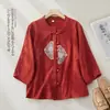Camisa Feminina Bordada Verão Novidades Roupas de Verão Jacquard Algodão Linho Estilo Chinês Retro Botões de Sapo Gola Alta Manga Três Quartos Top