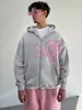 Cardigã com Capuz Moletom Estilo Streetwear Europeu e Americano 2025 Estampa de Letras Casual Solto Masculino e Feminino