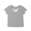 Camiseta de Lino Color Bloque Lluvia Rocío Falsa Dos Piezas Personalizada para Mujer Holgada Cuello U Manga Corta Ropa de Mujer Jimo Suministro Directo Soporta Lotes Pequeños