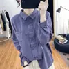Camisa de algodão de manga comprida com abotoamento duplo estilo coreano para mulheres, top interno com gola polo para primavera e outono, camisa básica de design solto