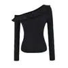 Suéter de Tricô Feminino Off-Shoulder de Manga Longa Doce e Picante com Acabamento Franzido, Novo Pulôver Liso de Outono Slim Fit para Mulheres