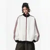 Sudadera cárdigan de punto gofre deportivo estilo americano, unisex, nueva colección de otoño, corte holgado, chaqueta casual a rayas con cuello alto