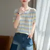 Cardigan de Tricô Gola Redonda Novo de Seda de Gelo Primavera/Verão 2026 Manga Curta Feminino Blocos de Cor Listrado Vazado Solto Versátil Top