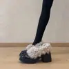 Versión en stock~Zapatos peludos de tacón alto zapatos de tacón alto de felpa retro zapatos de tacón alto para mujer sin cordones cálidos tacón grueso Mary Jane zapatos pequeños de cuero