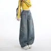 Jeans de Pierna Recta Ancha, Ajuste Holgado Clásico, Estilo Americano Vintage con Parche de Estrella, Adelgazantes, Modernos