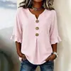 Ropa de mujer nueva de verano 2026 transfronteriza europea y americana Amazon blusa de manga media con botones rayada de volantes cuello en V