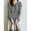 Luxi 26 Otoño Nuevo Top Casual Holgado con Rayas en Contraste, Camisa de Punto con Cuello Henley, Camiseta de Manga Larga para Mujer ss1034