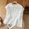 Foto Real de Camisas Nuevas de Verano Retro de Algodón y Lino con Lunares, Camisas Femeninas con Cuello de Hongo, Tops de Manga Corta de Verano