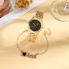 Conjunto de quatro peças de relógio e joias femininas estilo luxo, relógio de quartzo em liga de ouro com colar, brincos e pulseira