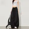 Pantalones Casuales Arrugados de Secado Rápido Americanos Negros para Mujer Primavera y Otoño Cintura Alta Adelgazantes Dulce Fresco Diseño Cargo Pierna Ancha