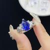 Juego Alto Forma de Gota Inferior Zafiro Simulado Diamante Completo Temperamento Lazo Anillo Abierto Pendientes Colgantes Temperamento para Mujer