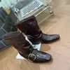 Zapatos de mujer de piel suave, colección de otoño, estilo coreano, botas de media caña con punta cuadrada, negras con hebilla, con plataforma interior, botas ajustadas, botines