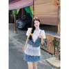 Camisa de Manga Abullonada Floral de Encaje con Costuras Falso Dos Piezas Falda a la Cadera Traje de Moda Nuevo de Verano para Mujer 2025