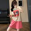 Traje Deportivo Casual de Algodón Imitación para Mujer Verano Delgado Suelto Moderno Manga Corta Pantalones Cortos Conjunto de Dos Piezas Trendy