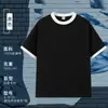 Camiseta Regular de Algodão Puro com Manga Caída, Estilo Americano Moderno, 200g, Gola Redonda, Manga Curta, Blocos de Cor com Costura Colorida e Cores Contrastantes, Versátil para Casais