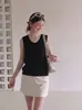 Top de punto sin mangas transpirable calado negro para mujer, estilo puro deseo de verano, chaleco adelgazante ajustado, suéter de punto