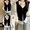 Ropa para mujer de talla grande: un elegante conjunto de dos piezas de chaleco y camisa que disimula el abdomen, perfecto para el otoño, diseñado para hacer que las mujeres de talla grande luzcan más delgadas, con un ajuste normal en los hombros y mangas largas