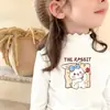 Ropa interior térmica para niñas con borde de hongo negro, ropa de otoño e invierno, camiseta de manga larga con medio cuello alto de forro polar, top cepillado para niños, versátil