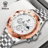 Relógio Masculino Rokyn Multifuncional de Pulseira de Aço Quartzo À Prova D'água Luminoso Fase da Lua Três Mostradores Seis Ponteiros de Pulso para Homem