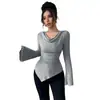 Moda Feminina Europeia e Americana Transfronteiriça Outono/Inverno 2026 Camiseta Básica Gola Redonda Canelada Ombro a Ombro Manga Longa de Tricô Slim Fit Estilo para o Trabalho