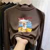 Camiseta de manga larga con forro polar para niña, capa interior de otoño e invierno, top infantil de cuello semi-alto con estampados de dibujos animados
