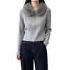 Suéter Cardigan con Cuello de Piel y Cierre para Mujer, Nuevo Estilo de Invierno, Elegante Suéter Corto de Punto Ajustado con Pinza de Corbata