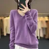 Listo para Usar de Primera Línea 100 Lana Tejido de Punto para Mujer Cuello en V Otoño e Invierno Nuevo Color Puro Holgado Versátil Lana Holgado Camiseta Básica