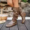 Botas de jinete para mujer de comercio exterior transfronterizo, nuevas botas largas vintage de otoño e invierno hasta la rodilla, punta fina con hebilla de cinturón, botas de tacón grueso de talla grande