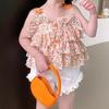 Conjunto de Verano para Niñas de Dos Piezas Bebé Elegante Infantil Moderno Coreano Floral Pastel Tirantes Encaje Shorts