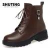 Botas de Cuero de Invierno para Mujer Madres Zapatos de Algodón Antideslizantes Tacón Medio Botines Forrados de Felpa Botas de Algodón para Mediana Edad y Ancianos Botas Martin Invierno