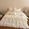Estilo romântico francês feminino Tencel de algodão ultrassuave com renda franzida cor creme conjunto casual de cama de quatro peças