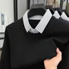 Suéter Masculino Engrossado Falso Duas Peças 2025 Outono e Inverno Nova Gola Camisa Casual Malha Base Masculina de Alta Qualidade