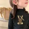 Camiseta Interior de Doble Cara De Rong para Niñas Temporada Otoño e Invierno Cuello Semi Alto Manga Larga Camiseta Infantil Cálida con Borde de Oreja de Madera Cepillada
