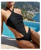 Maiô feminino de uma peça com gola halter, estilo europeu e americano, revelador da cintura, biquíni vazado, preto, modelador, adequado para férias e fontes termais, em estoque