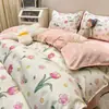 Conjunto de Roupa de Cama Fofo de Urso Estampado Quatro Peças Algodão Lavado Estilo Desenho Animado Dormitório Estudantil