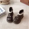 Botines Cortos Forrados de Felpa para Niñas Moda Nuevo Estilo Otoño Versátiles Ribete de Encaje Botas de Combate Infantiles Estilo Little Chanel Botas de Piel para Bebé