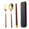 Conjunto de Talheres Coreanos de Aço Inoxidável com Três Peças, Incluindo Hashi de Madeira, Colher e Garfo para Estudantes, Talheres Portáteis para Uso Externo