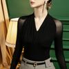 Nueva Camiseta de Fondo de Malla con Cuello en V para Mujer, Corte Slim, Sexy con Hombros Descubiertos para Baile Yoga, Top de Manga Larga