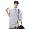 Camiseta de Manga Corta con Cuello Polo Estilo Americano Falso Dos Piezas para Hombre, Marca de Verano de Moda, Corte Holgado, Diseño Patchwork, Camiseta Casual de Media Manga