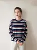Suéter de Cashmere Listrado em Cores Contrastantes para Mulheres, Pulôver Solto Emagrecedor Estilo Preguiçoso, Suéter de Tricô Gola Redonda