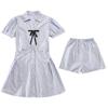 Conjunto de Duas Peças Estilo College Vestido Francês Vestido Camisa Listrado com Pregas na Cintura Shorts de Cintura Alta para Menina