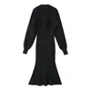 2491A-26 Vestido Tricô Elegante Retrô Cauda de Peixe com Xale, Vestido Suéter Base Gola V Canelado
