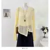 Tricô de gola redonda com vazados estilo coreano e mangas compridas para mulheres, novo modelo outono 2026, blusa irregular de ajuste solto com cordão