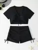 Traje de baño de dos piezas transfronterizo 2027, color liso, cordón, manga corta, cintura alta, estilo europeo y americano, venta al por mayor para Amazon, trajes de baño para mujer de comercio exterior