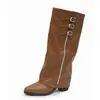 Botas de perna de calça bico fino salto escondido transfronteiriças femininas fivela de cinto cor sólida não acima do joelho emagrecedoras botas longas salto plataforma botas de equitação femininas
