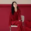 Pijama de Mujer Gasa de Algodón Puro Rojo Año de Nacimiento Festivo Recién Casados Manga Larga Pantalón Largo Solapa Cárdigan Dulce Ropa para el Hogar