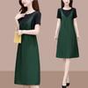 Vestido Solto de Tamanho Grande de Manga Curta com Suspensório Falso de Duas Peças para Mulheres Estilo Verão Nova Moda Casual Cobre a Barriga Vestido de Mãe