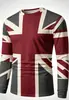 Camiseta Masculina Casual de Manga Longa Bandeira Britânica Composta por Fundo Azul Cruz Vermelha e Cruz Diagonal Branca Macia